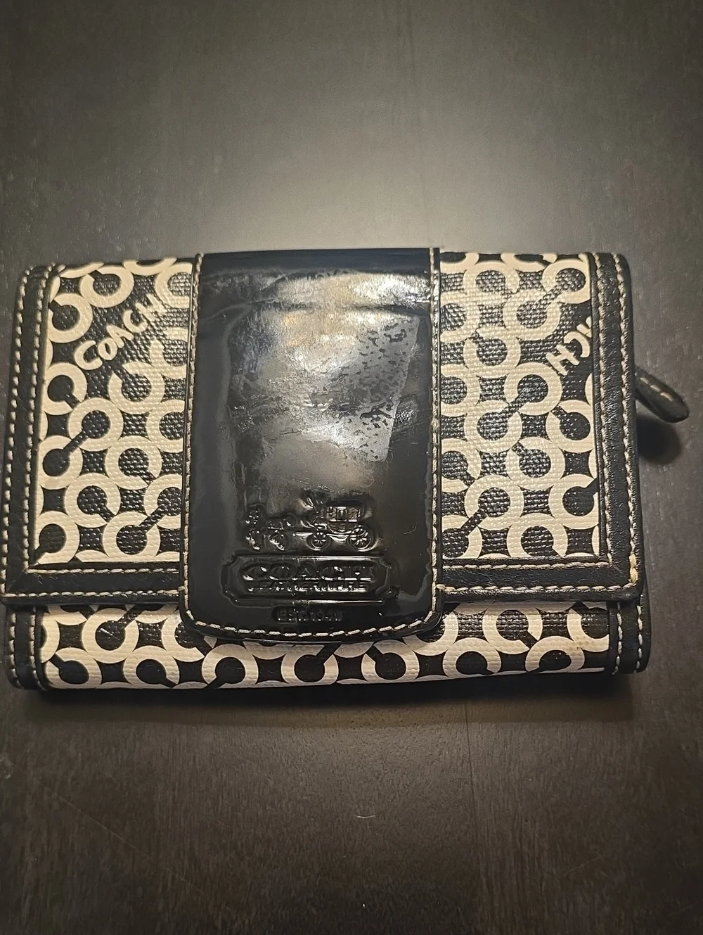 COACH Black and White Signature Patent-Trim Wallet